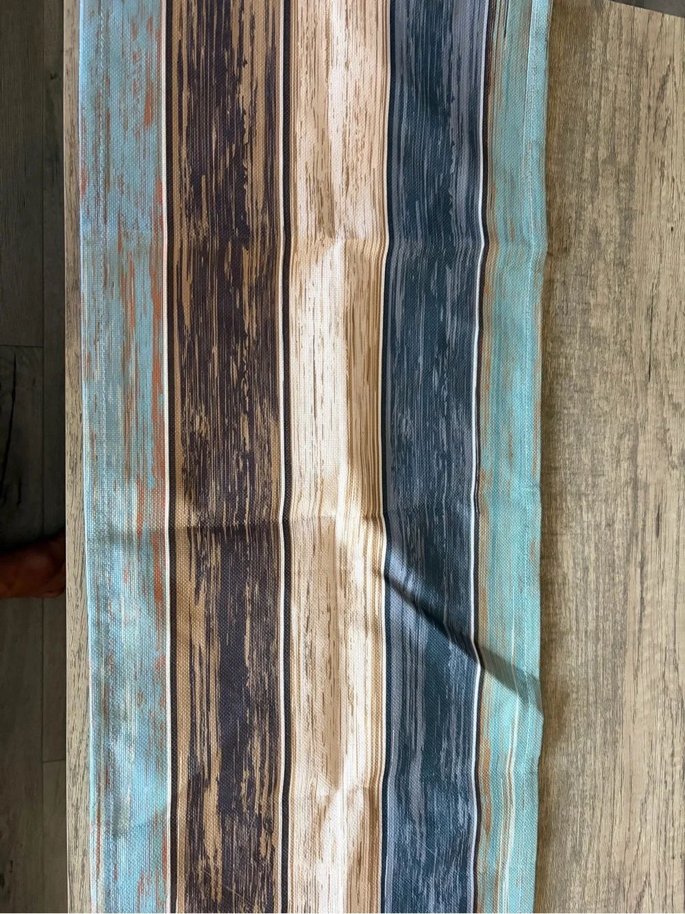 Striped table runner in Aqua, Navy & Tan